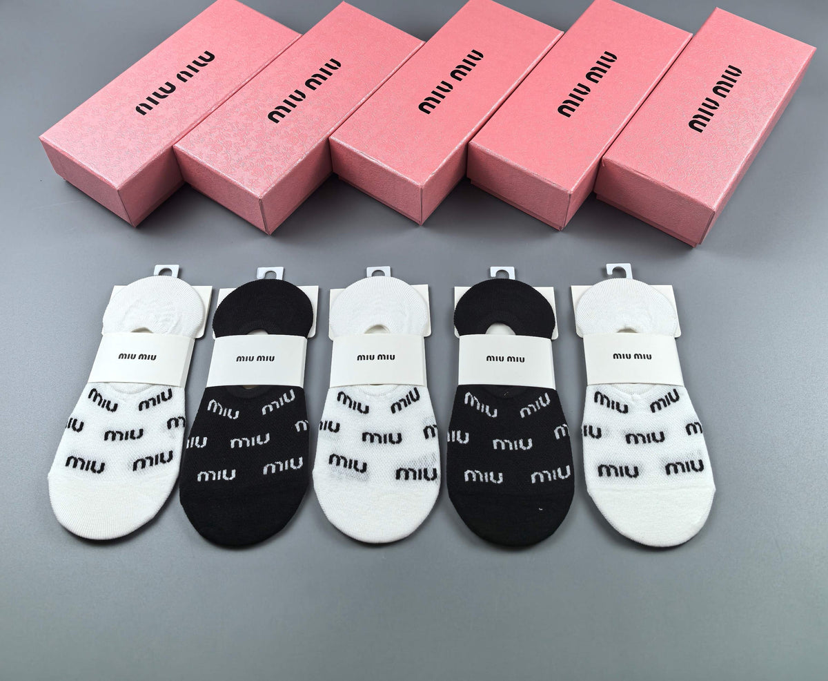 Miu Miu Black White Repeated Small Wordmarks No-Show Socks, image 4