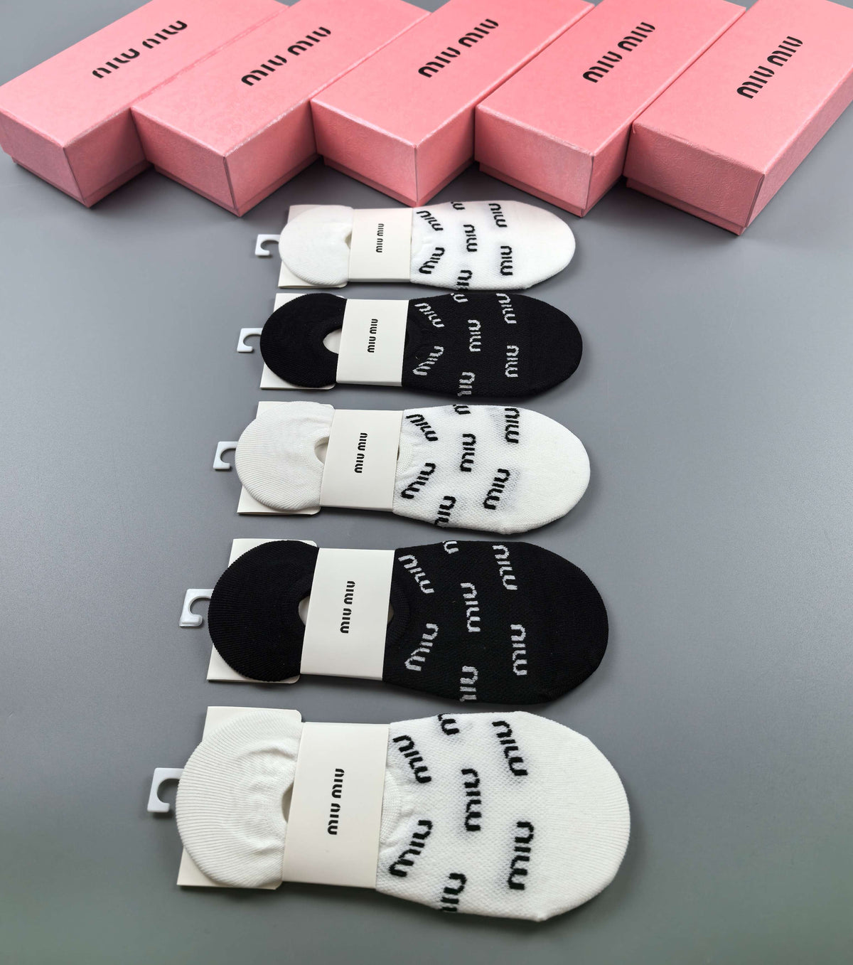 Miu Miu Black White Repeated Small Wordmarks No-Show Socks, image 5