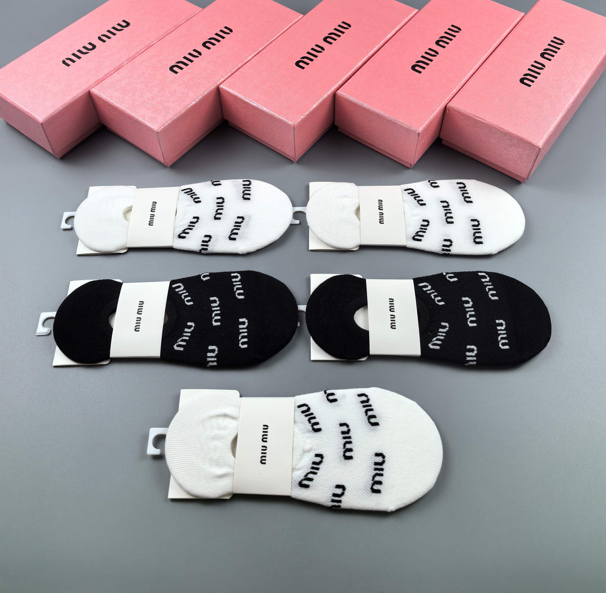 Miu Miu Black White Repeated Small Wordmarks No-Show Socks, image 1