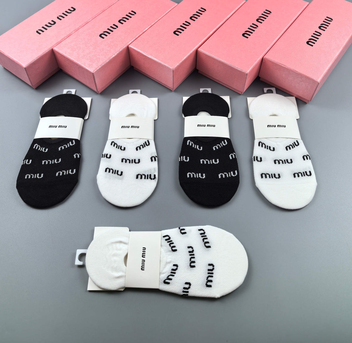 Miu Miu Black White Repeated Small Wordmarks No-Show Socks, image 6