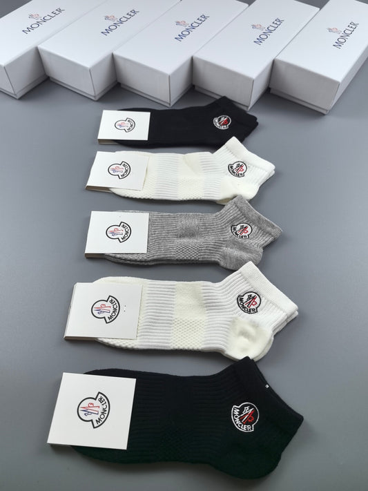 Moncler Black White Grey Plain Knit Large Crest Crew Socks, image 1
