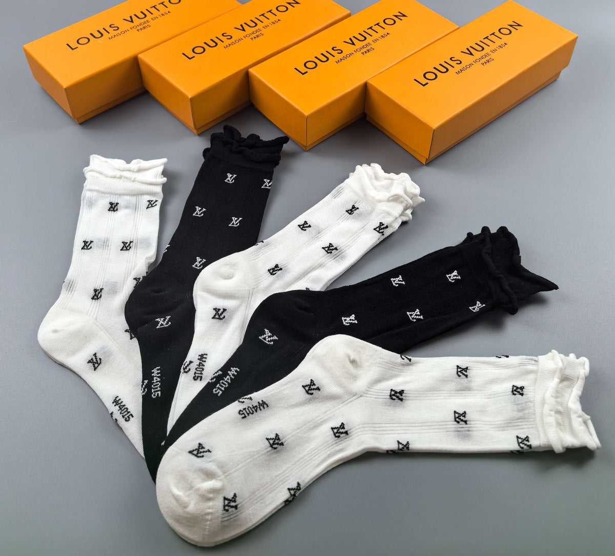 Louis Vuitton Black White Small Repeating Monograms Crew Socks, image 3