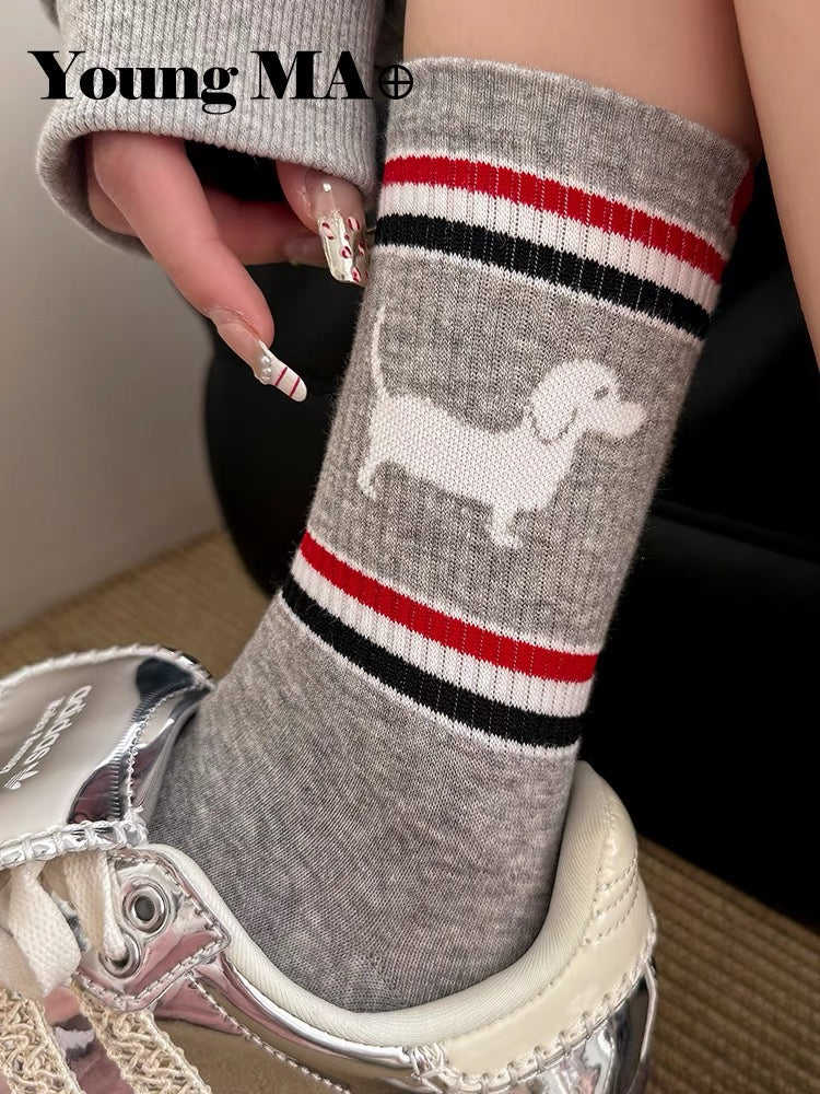 Thom Browne Black Grey White Dog Motif Tricolor Cuff Ankle Socks, image 3