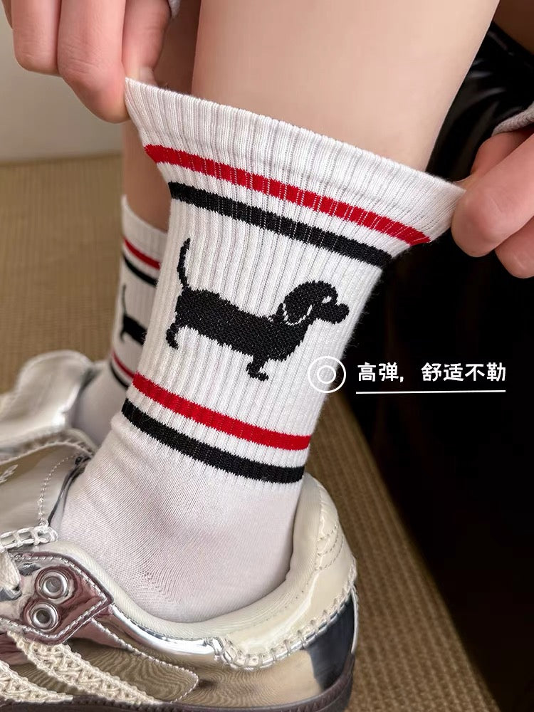 Thom Browne Black Grey White Dog Motif Tricolor Cuff Ankle Socks, image 2