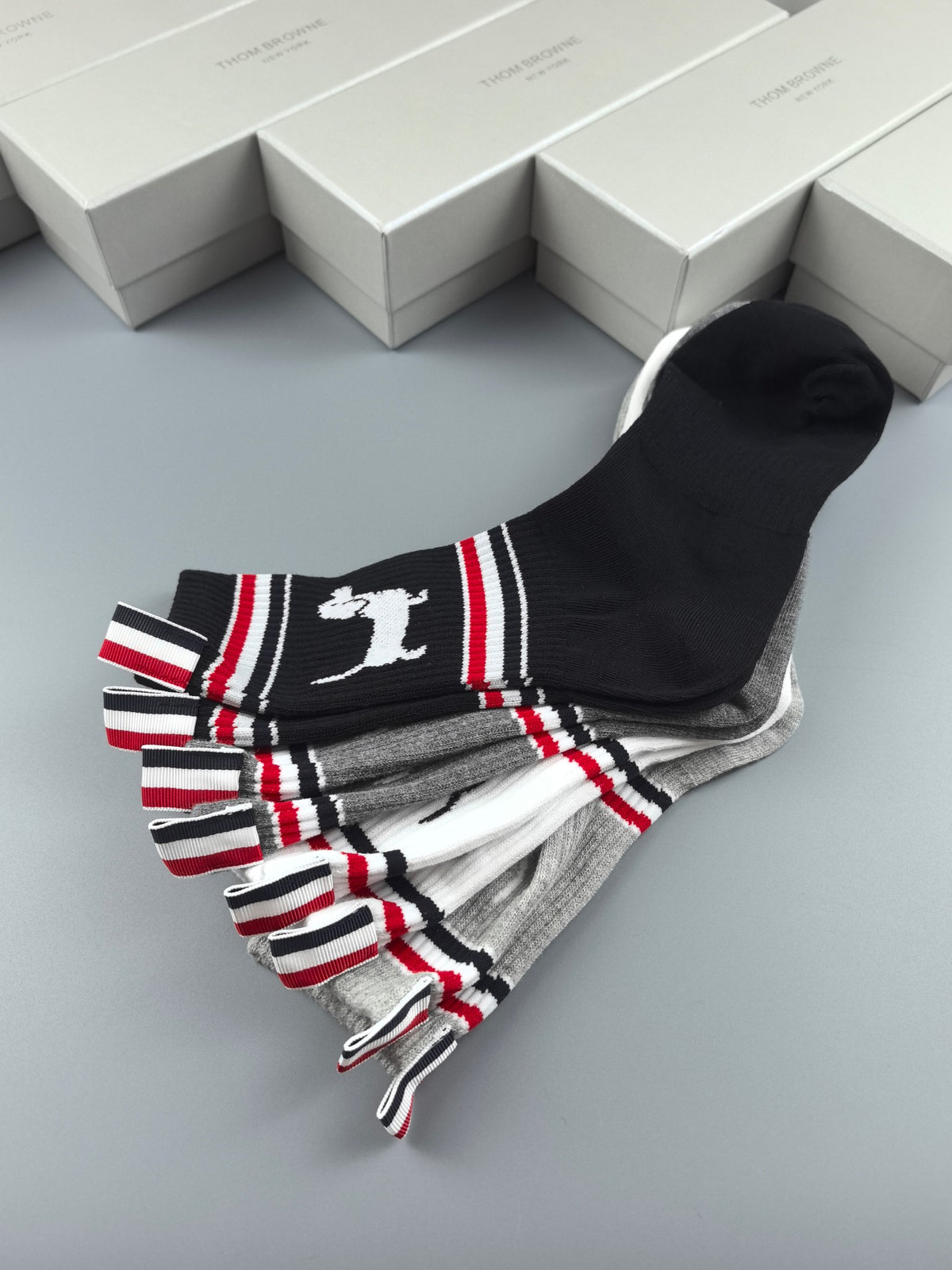 Thom Browne Black Grey White Dog Motif Tricolor Cuff Ankle Socks, image 1