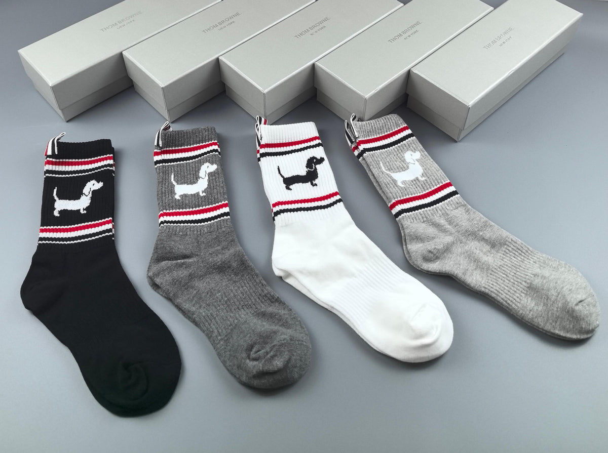 Thom Browne Black Grey White Dog Motif Tricolor Cuff Ankle Socks, image 5