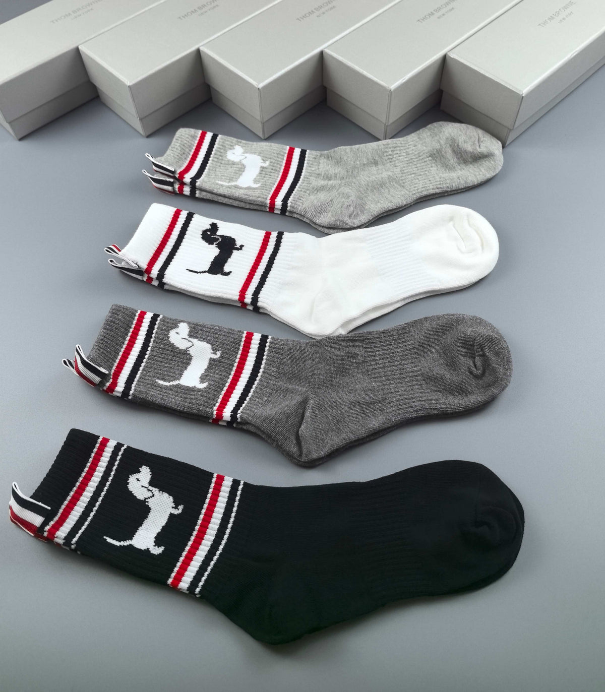 Thom Browne Black Grey White Dog Motif Tricolor Cuff Ankle Socks, image 4