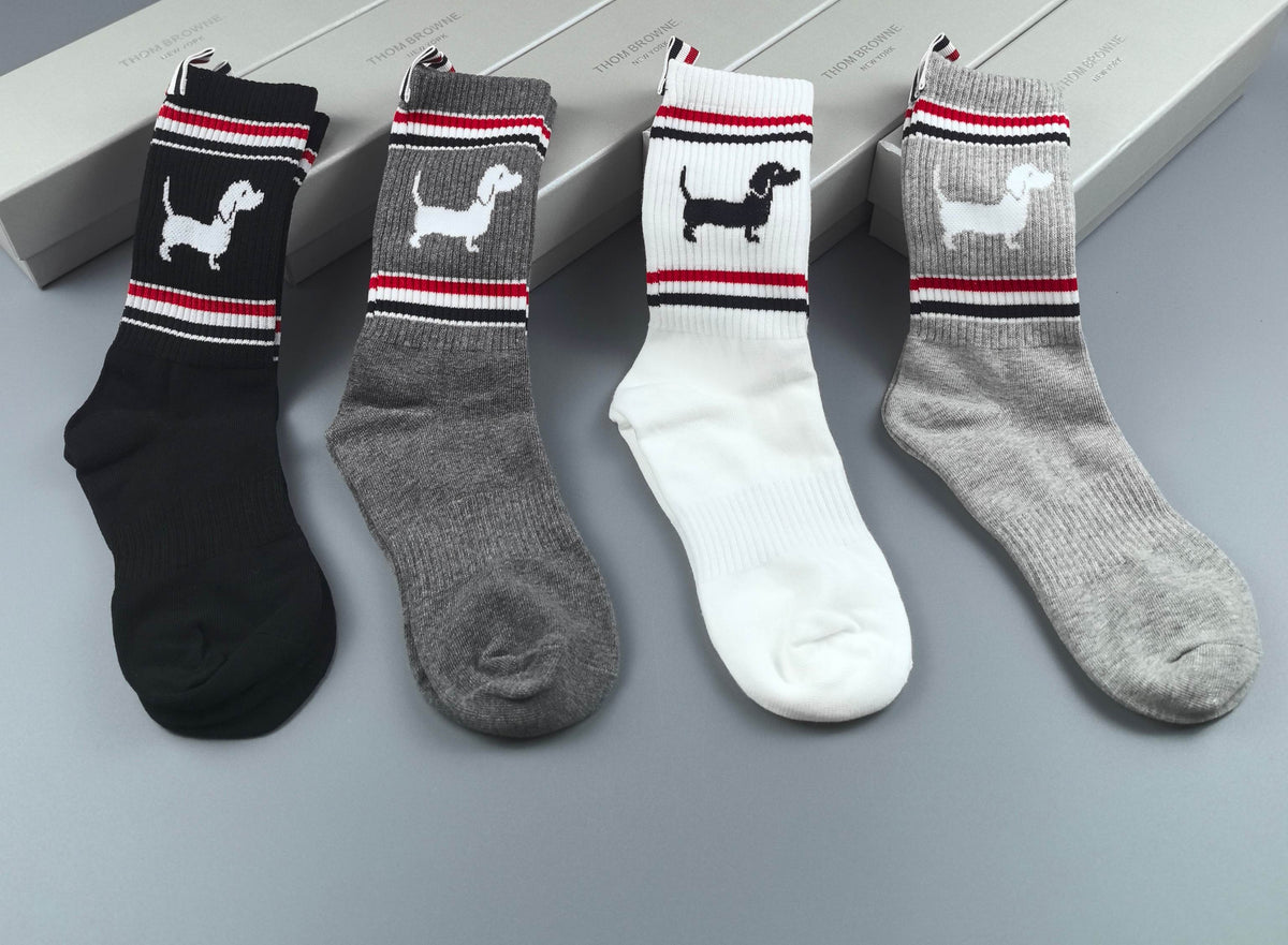 Thom Browne Black Grey White Dog Motif Tricolor Cuff Ankle Socks, image 6
