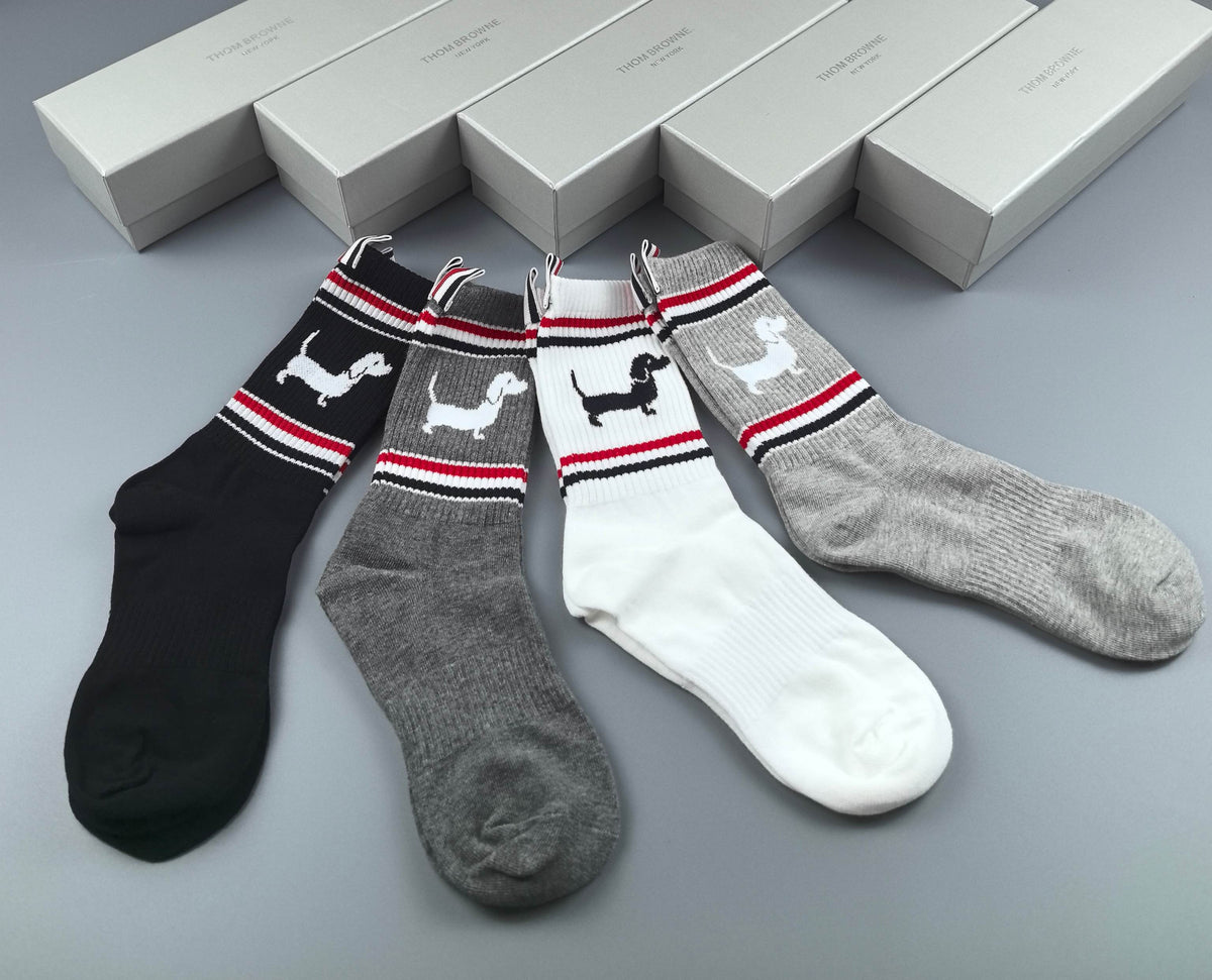 Thom Browne Black Grey White Dog Motif Tricolor Cuff Ankle Socks, image 7