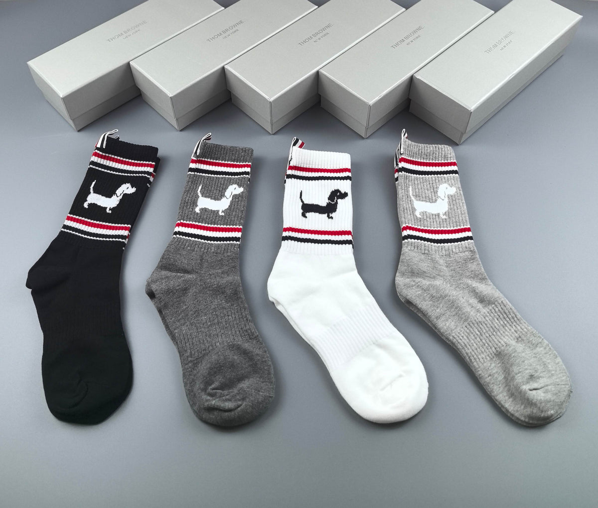 Thom Browne Black Grey White Dog Motif Tricolor Cuff Ankle Socks, image 9