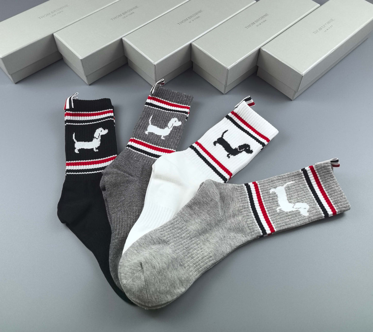 Thom Browne Black Grey White Dog Motif Tricolor Cuff Ankle Socks, image 8