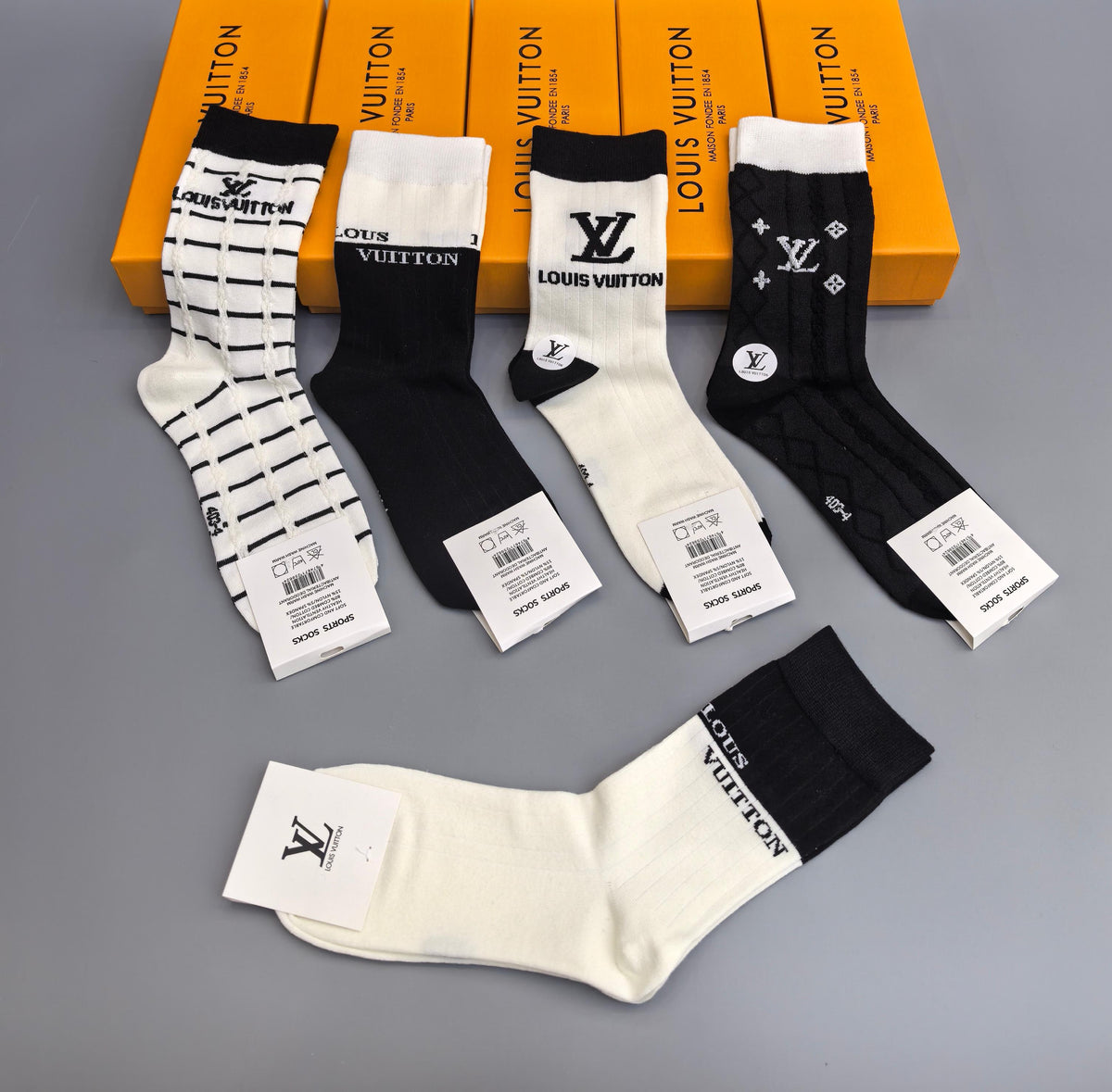 Louis Vuitton Black White Mixed Graphic Panels Crew Socks, image 5