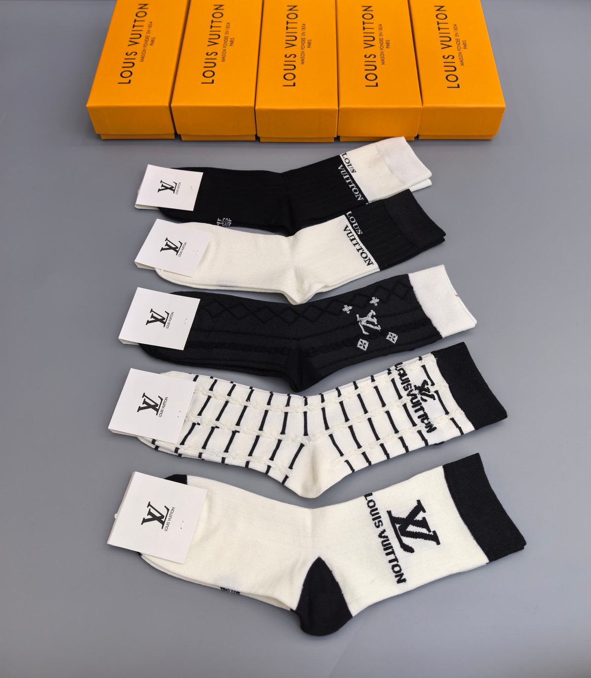 Louis Vuitton Black White Mixed Graphic Panels Crew Socks, image 6