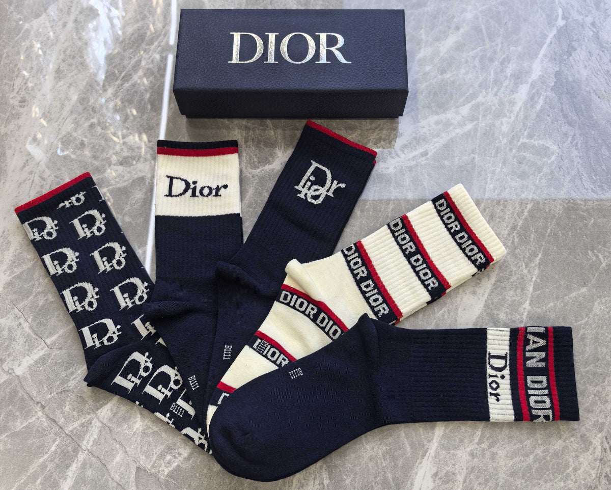 Dior Neutral Mixed Cuff Stripes Crew Socks, image 5