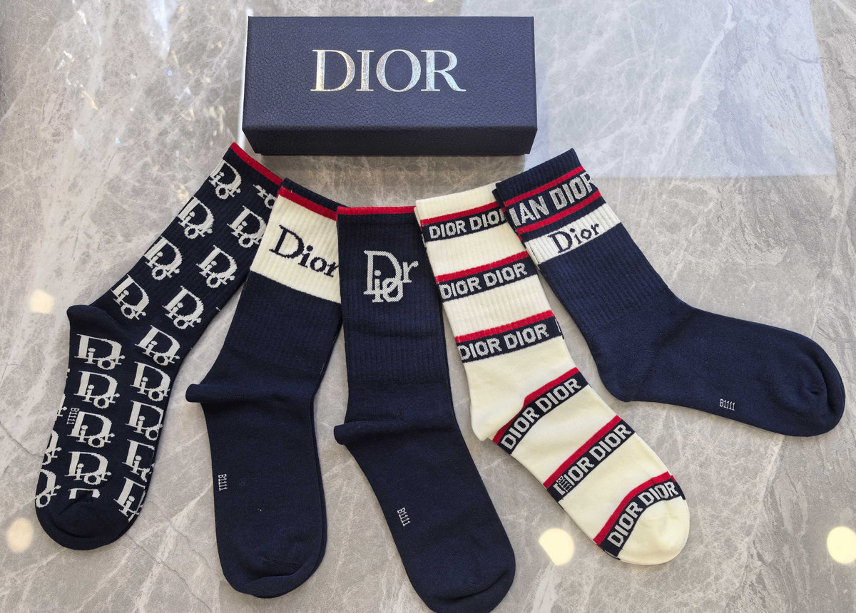 Dior Neutral Mixed Cuff Stripes Crew Socks, image 4