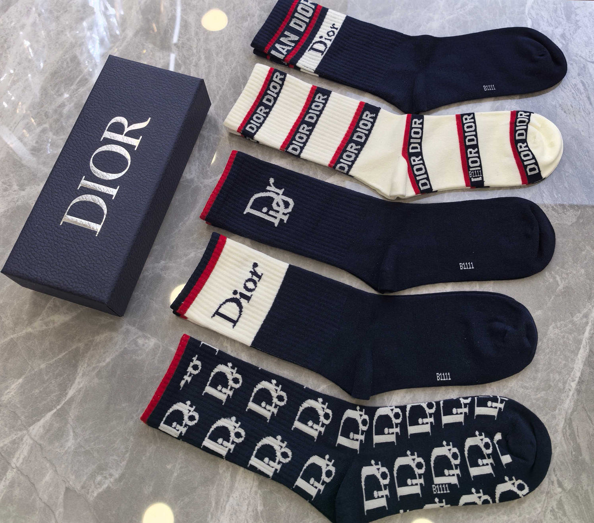 Dior Neutral Mixed Cuff Stripes Crew Socks, image 6