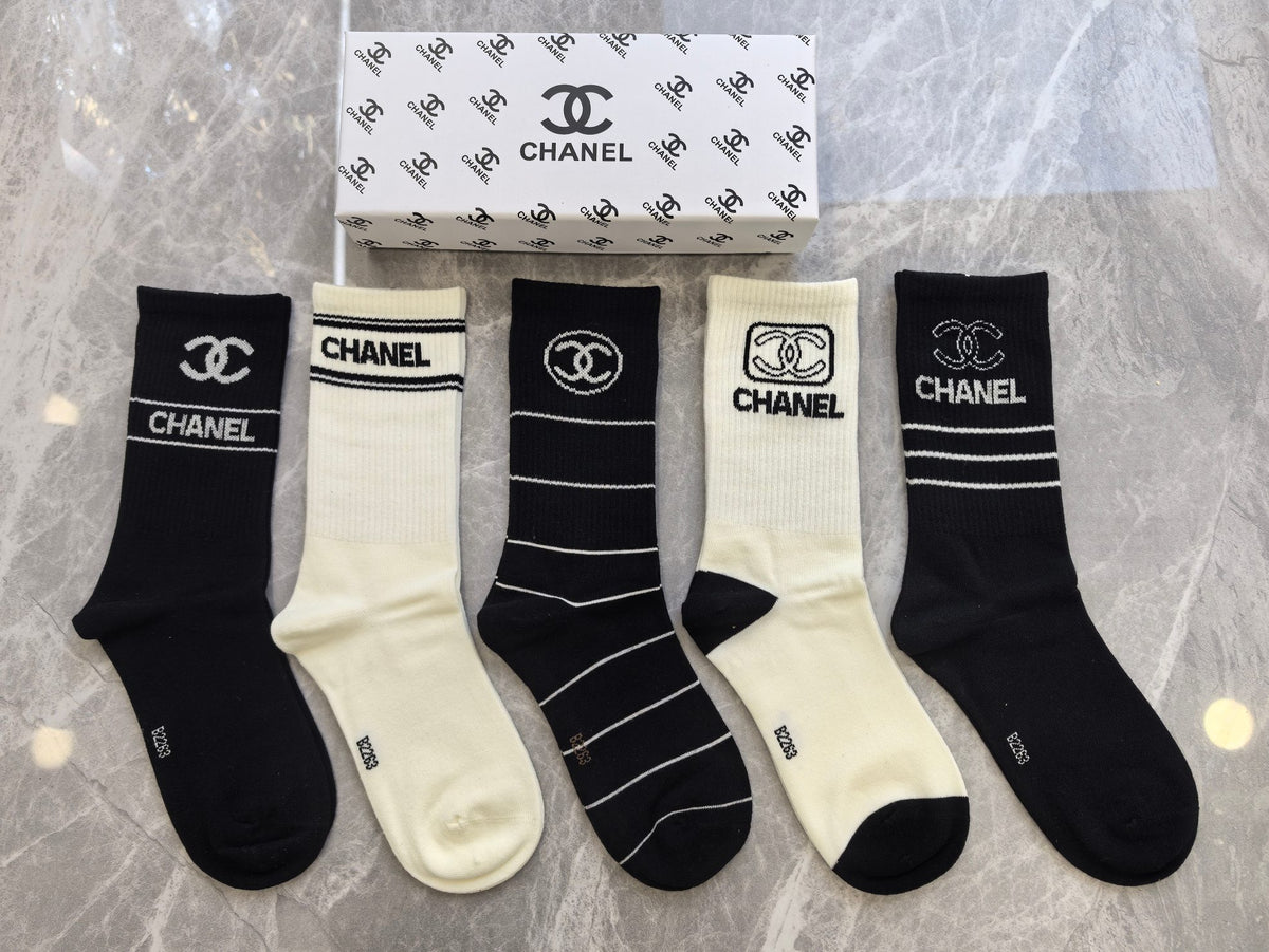 Chanel Black Cream Broad Ornamental Panels Crew Socks, image 2