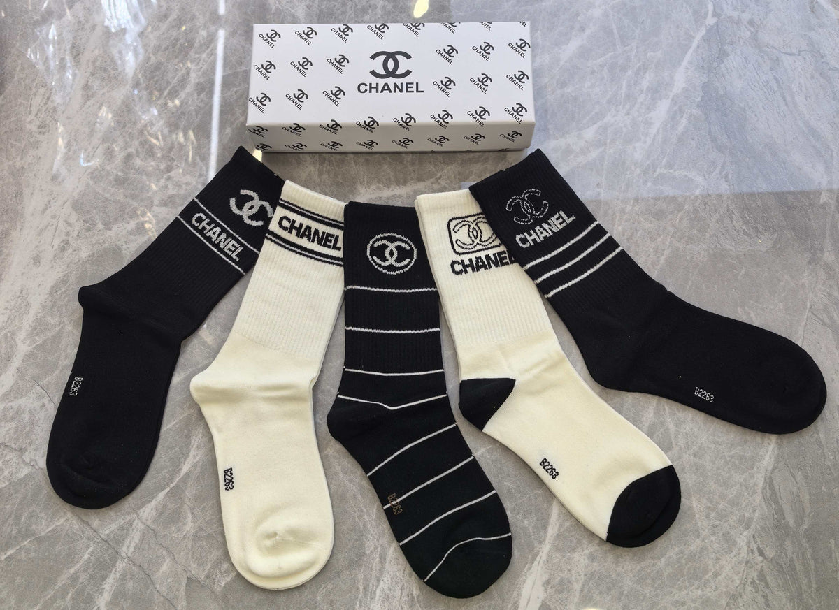 Chanel Black Cream Broad Ornamental Panels Crew Socks, image 4