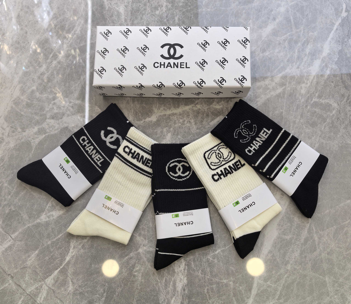 Chanel Black Cream Broad Ornamental Panels Crew Socks, image 1