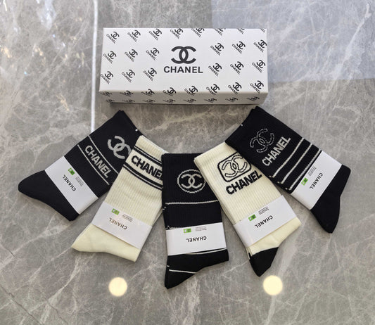 Chanel Black Cream Broad Ornamental Panels Crew Socks, image 1