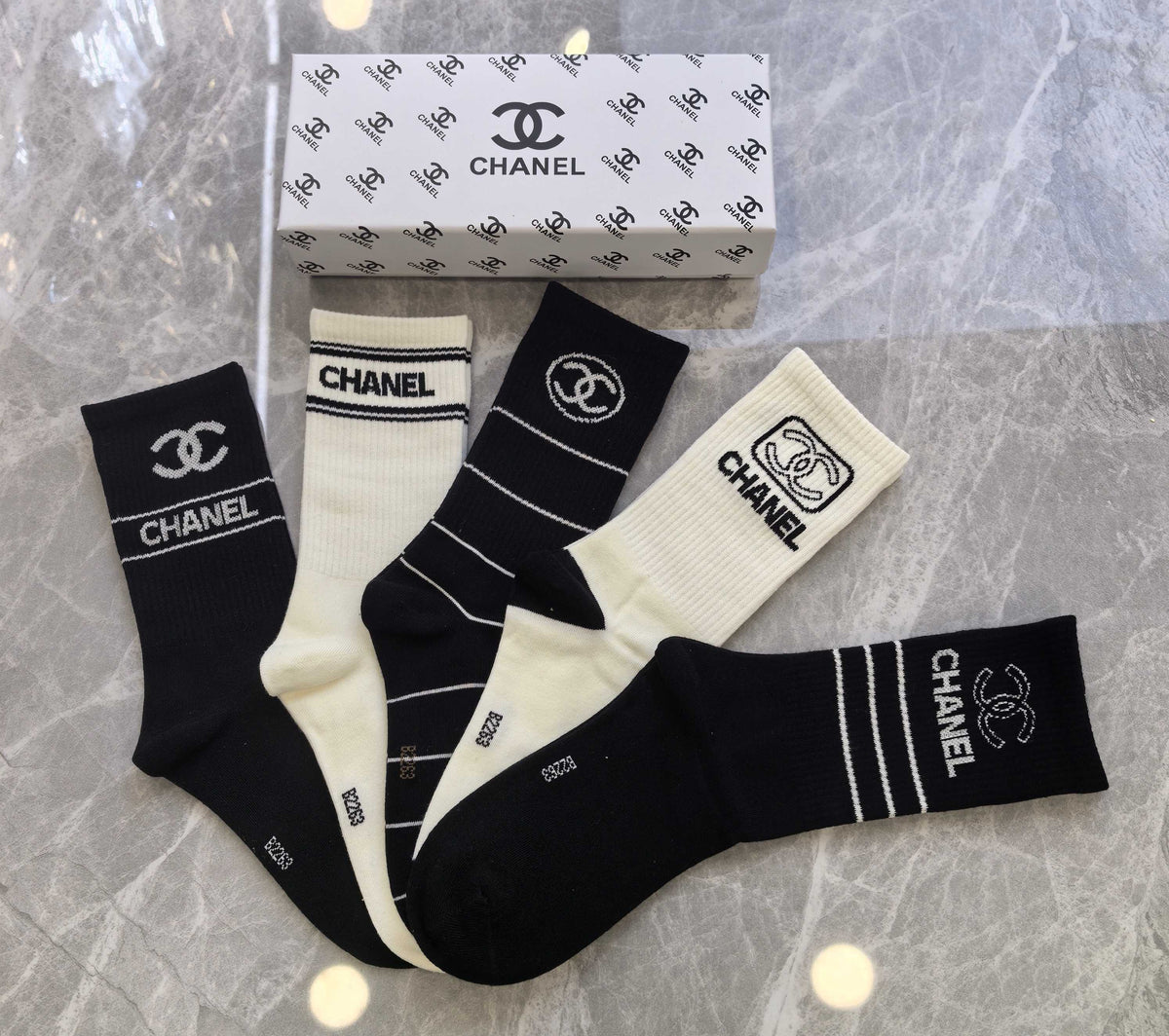 Chanel Black Cream Broad Ornamental Panels Crew Socks, image 3