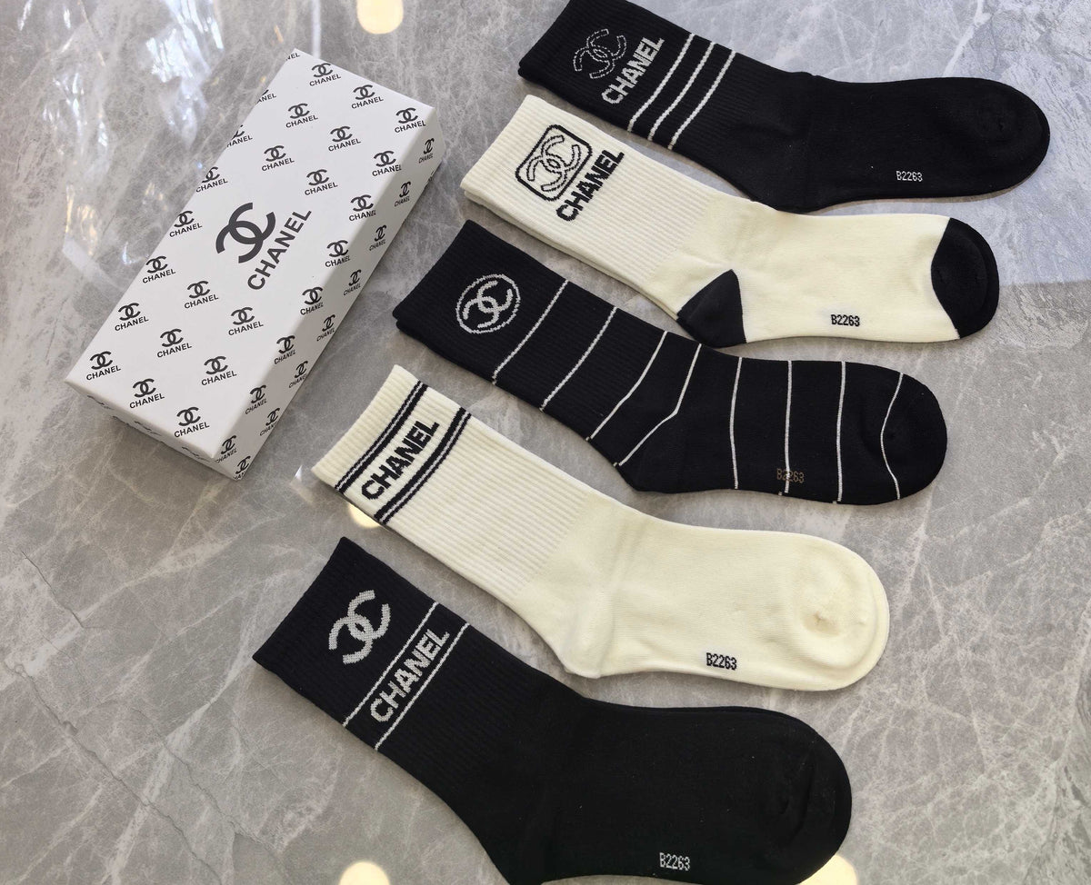 Chanel Black Cream Broad Ornamental Panels Crew Socks, image 5