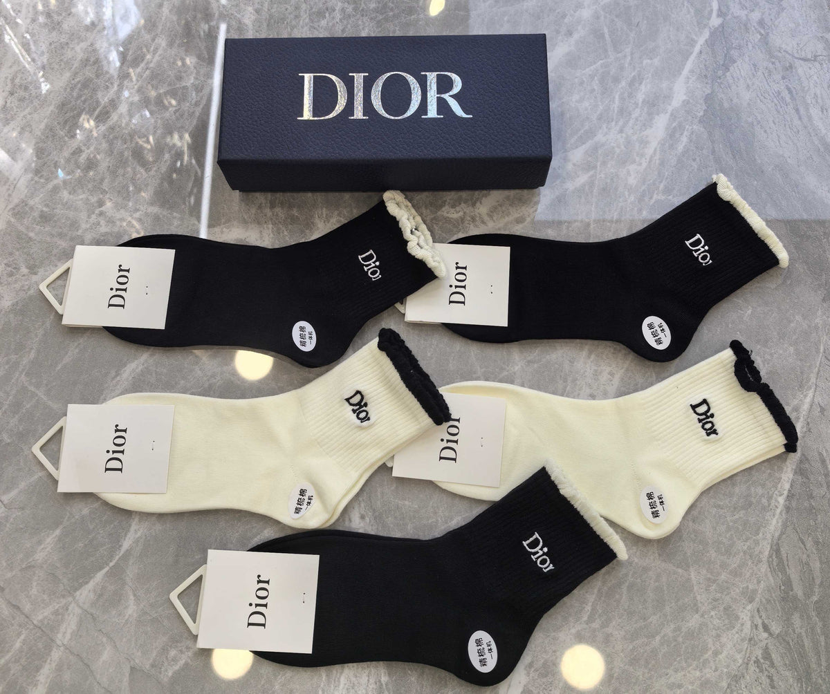 Dior Black Cream Large Flower Detail Crew Socks, image 3