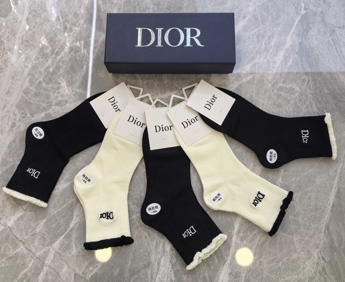 Dior Black Cream Large Flower Detail Crew Socks, image 5