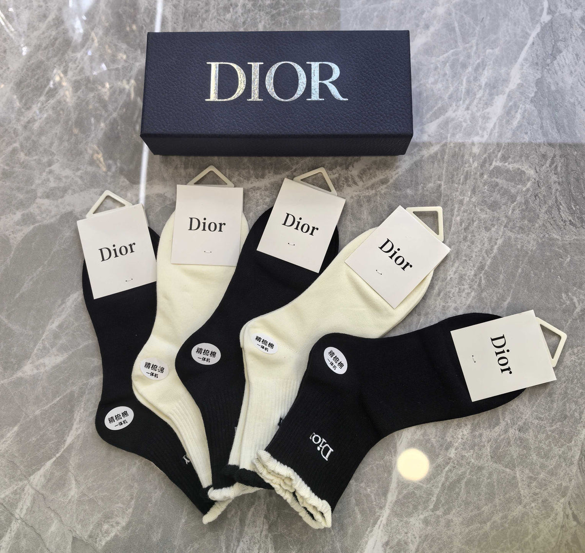 Dior Black Cream Large Flower Detail Crew Socks, image 4
