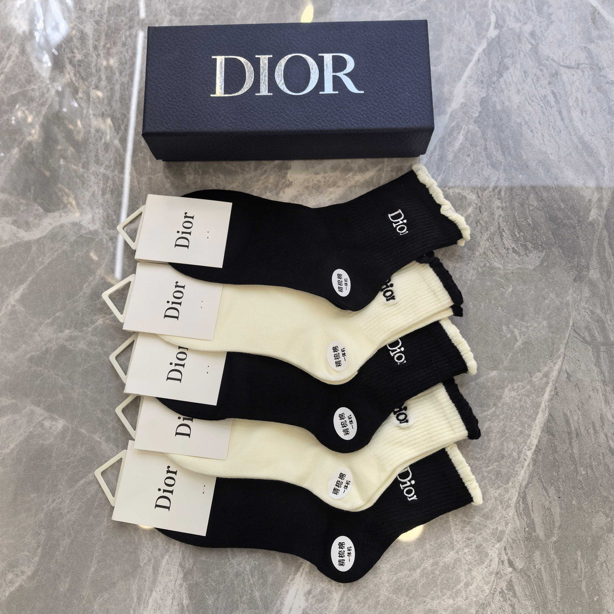 Dior Black Cream Large Flower Detail Crew Socks, image 2