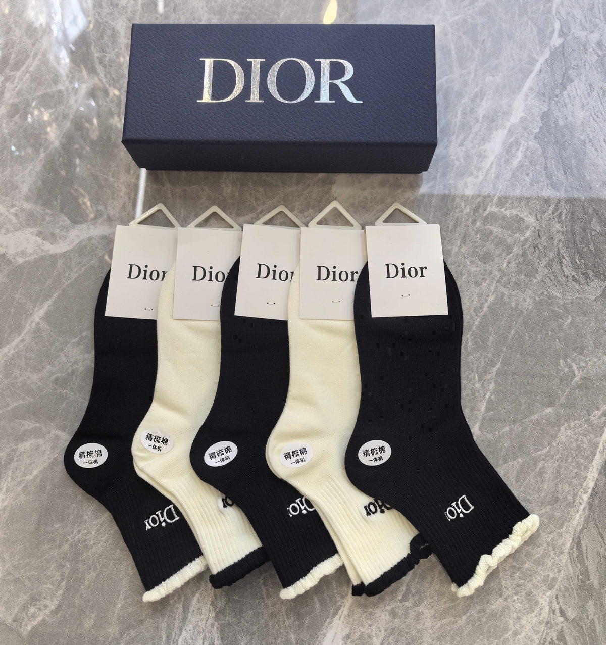 Dior Black Cream Large Flower Detail Crew Socks, image 1
