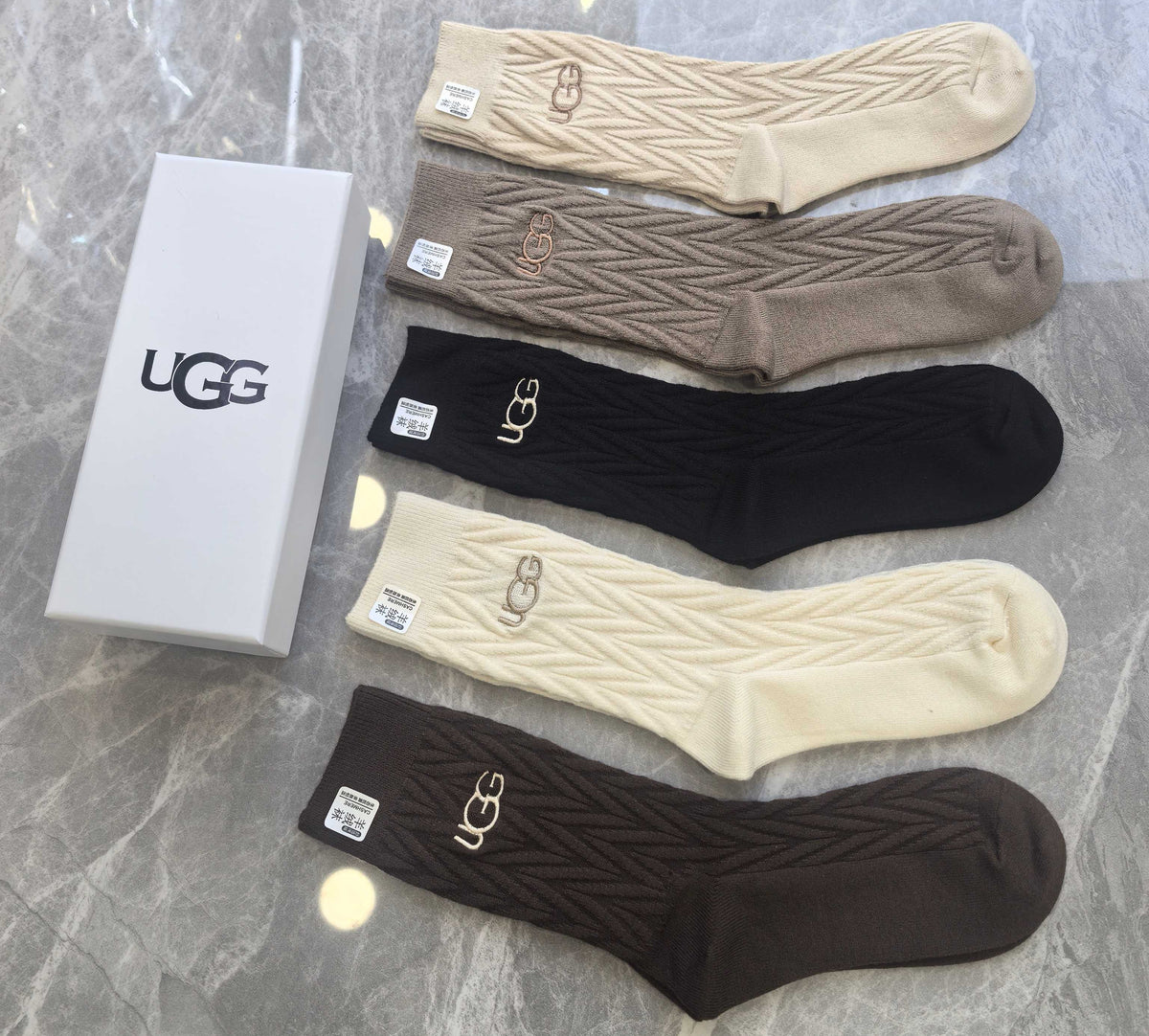 UGG Neutral Cable Knit Lettered Cuff Crew Socks, image 4