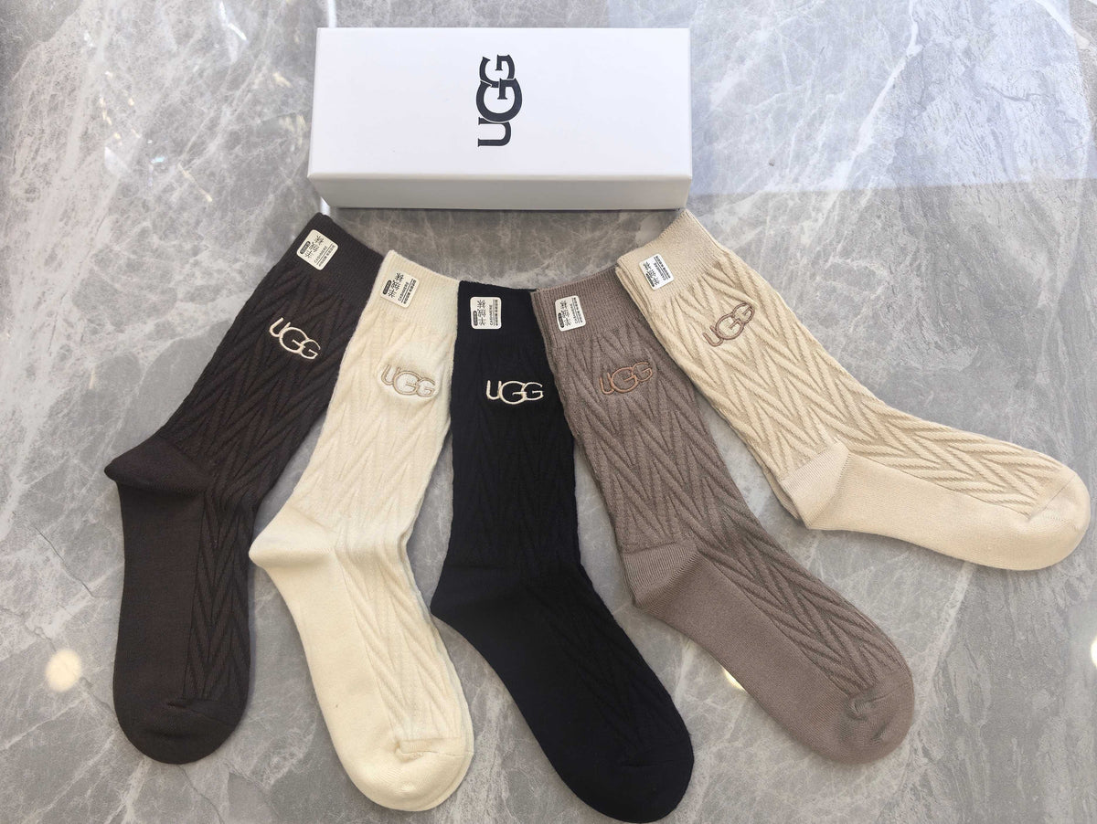 UGG Neutral Cable Knit Lettered Cuff Crew Socks, image 5