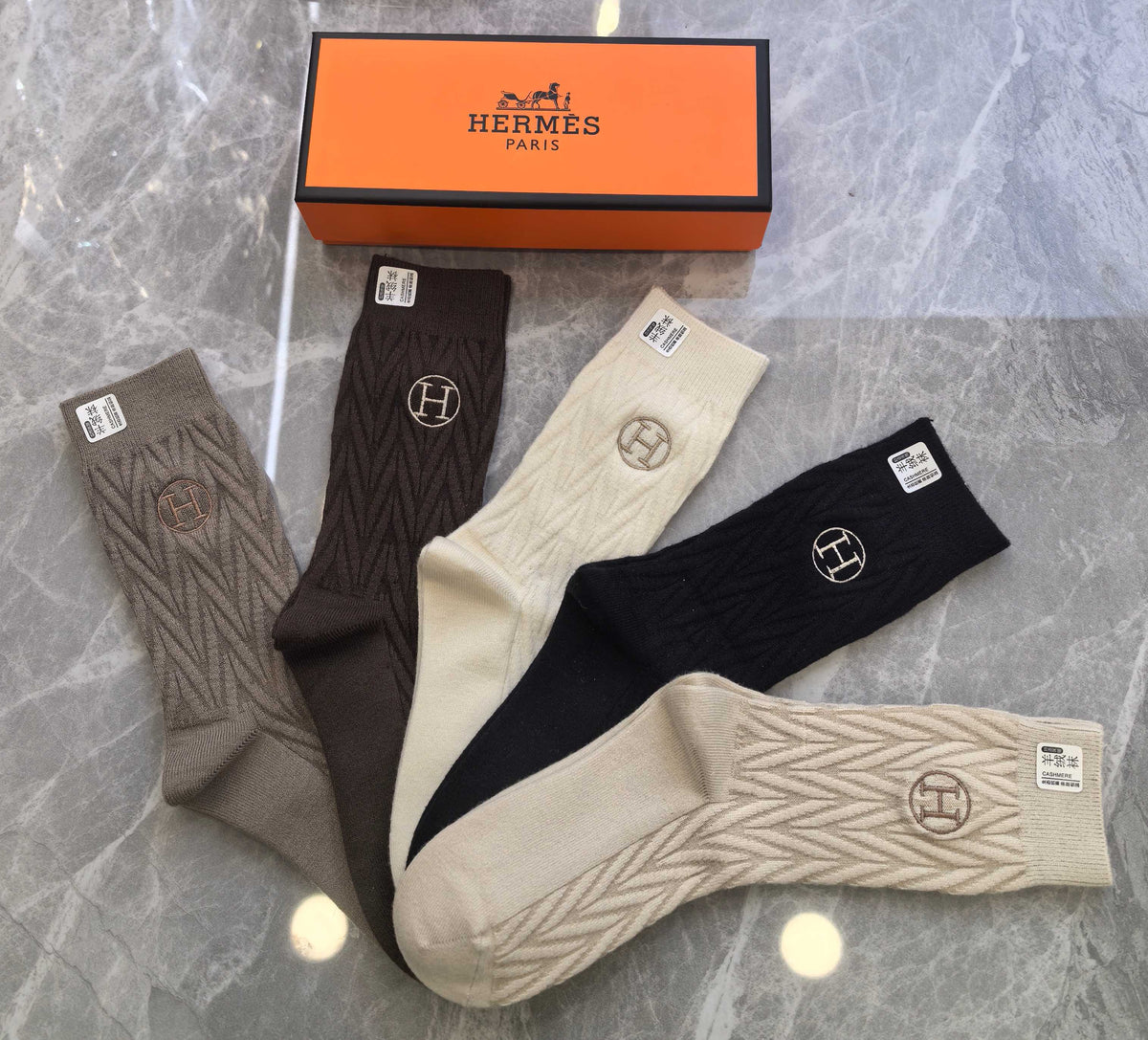 Hermès Neutral Small Circular H Crew Socks, image 3