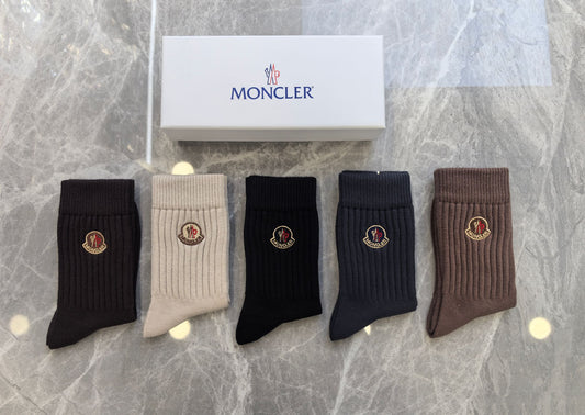 Moncler Earth Tone Ribbed Knit Gold Round Crest Crew Socks, image 1
