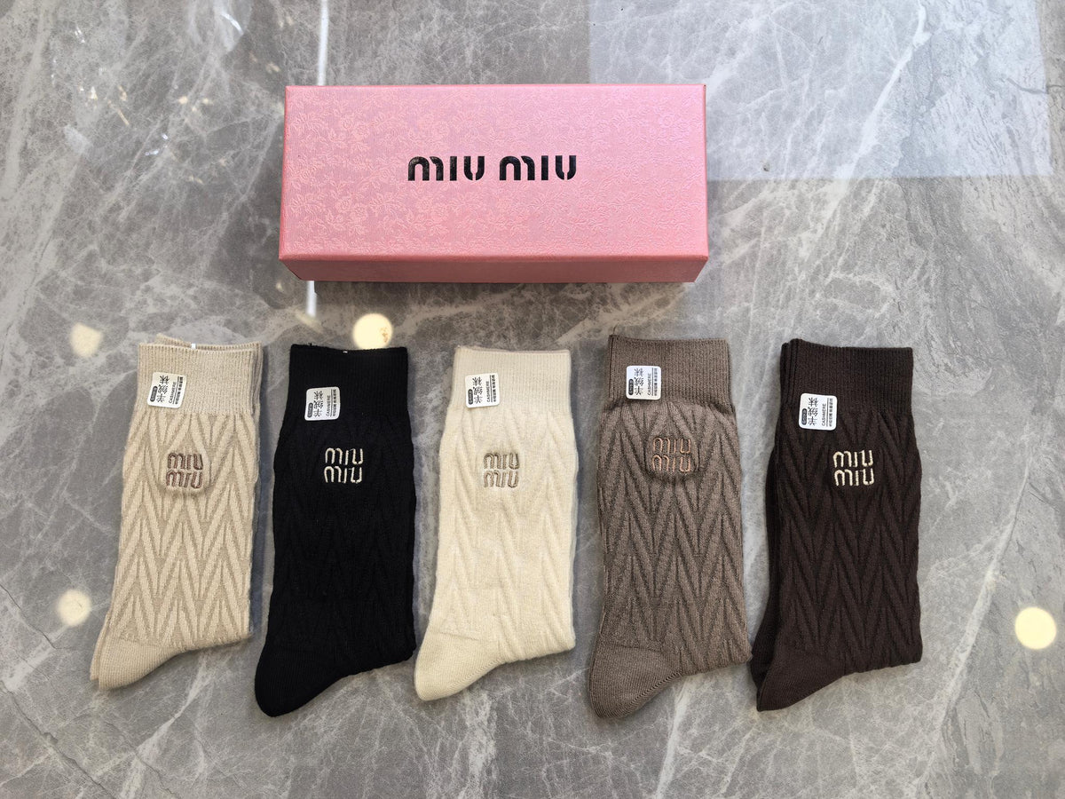 Miu Miu Earthy Cream Black Small Cuff Monogram Crew Socks, image 1
