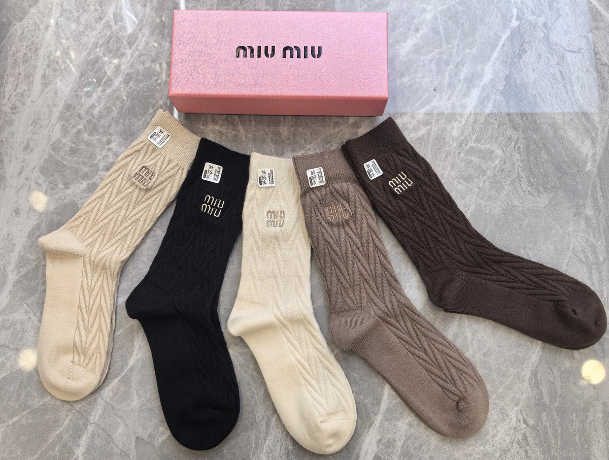 Miu Miu Earthy Cream Black Small Cuff Monogram Crew Socks, image 3