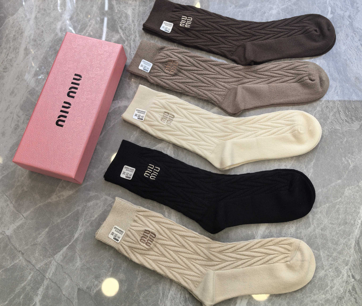 Miu Miu Earthy Cream Black Small Cuff Monogram Crew Socks, image 5