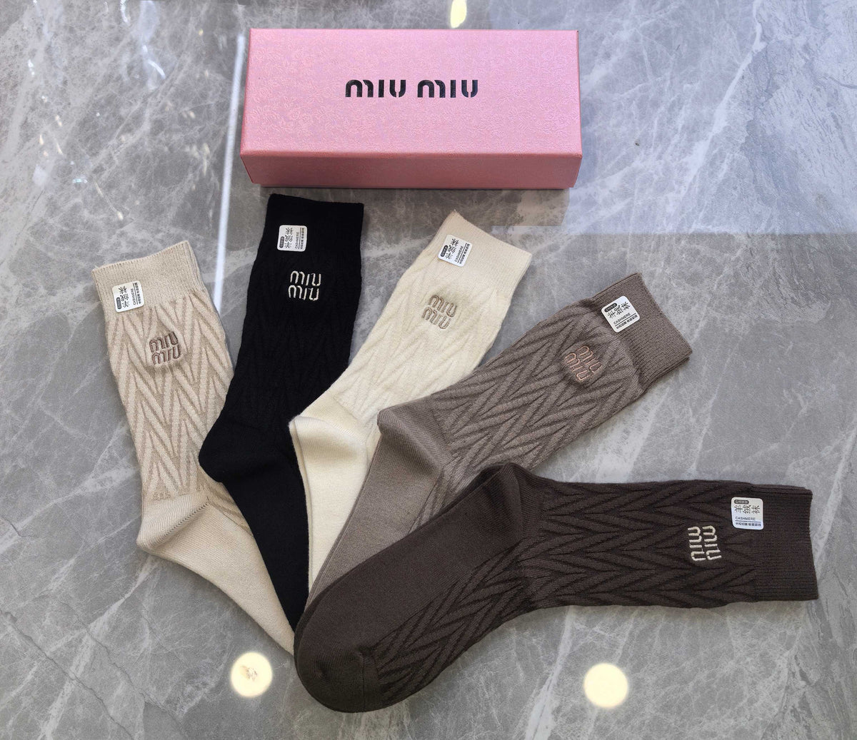 Miu Miu Earthy Cream Black Small Cuff Monogram Crew Socks, image 4