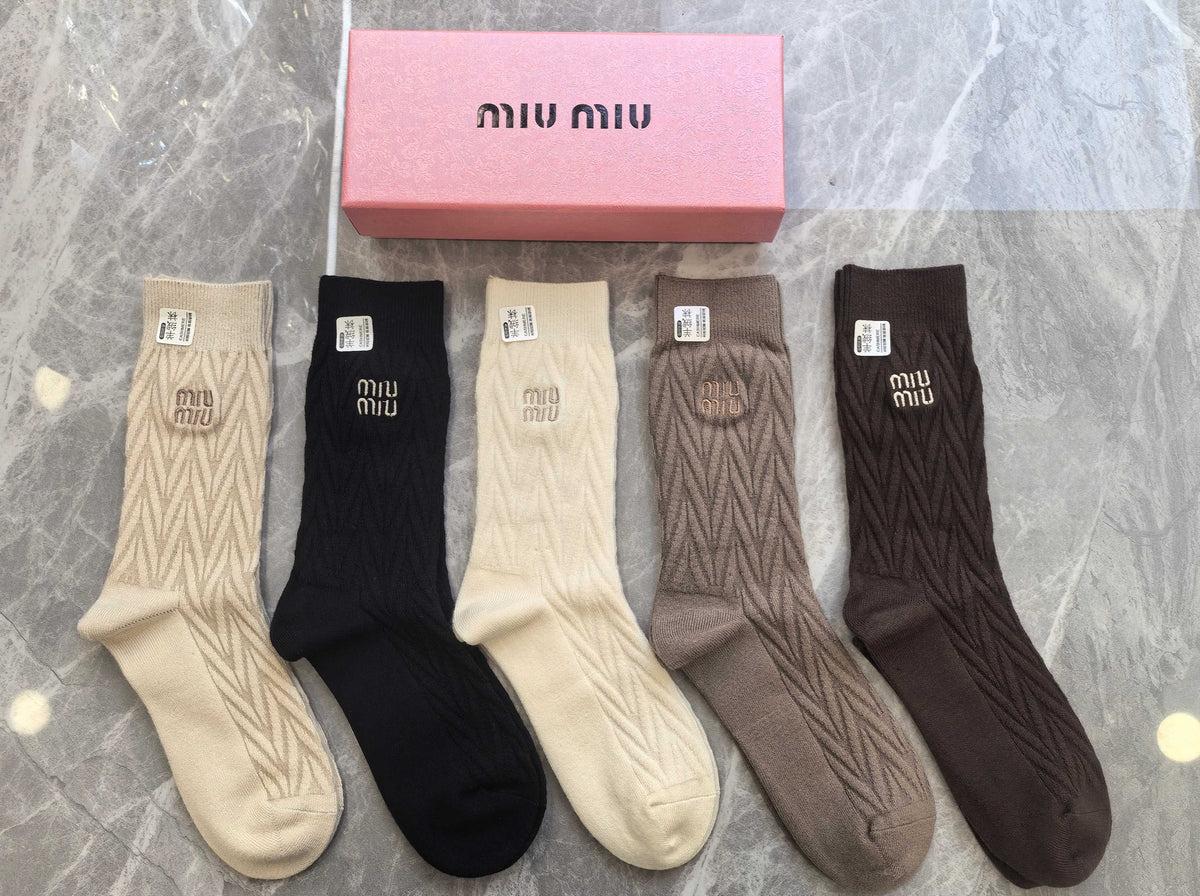 Miu Miu Earthy Cream Black Small Cuff Monogram Crew Socks, image 2