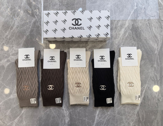 Chanel Black Cream Narrow Stripe Wordmark Crew Socks, image 1