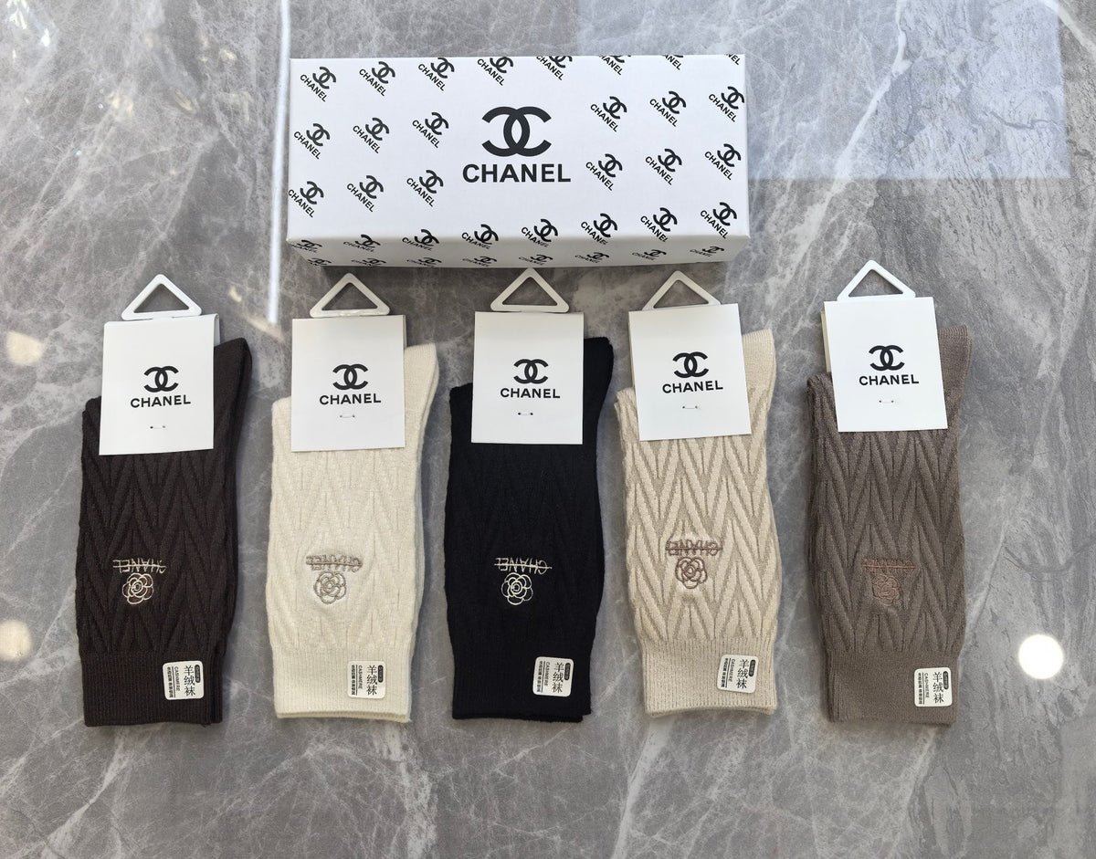 Chanel Earthy Cream Black Small Cuff Monogram Crew Socks, image 1