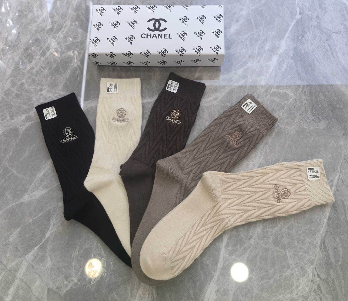 Chanel Earthy Cream Black Small Cuff Monogram Crew Socks, image 4