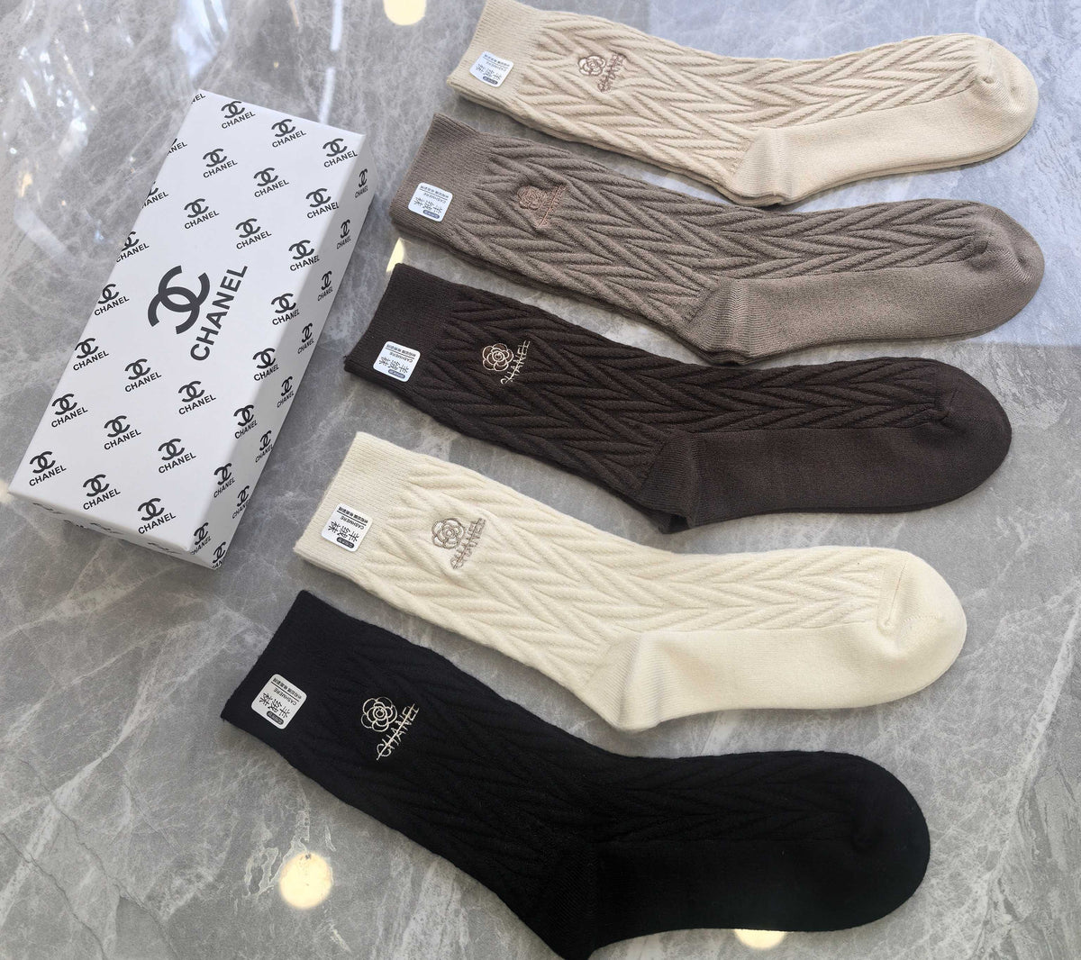 Chanel Earthy Cream Black Small Cuff Monogram Crew Socks, image 5