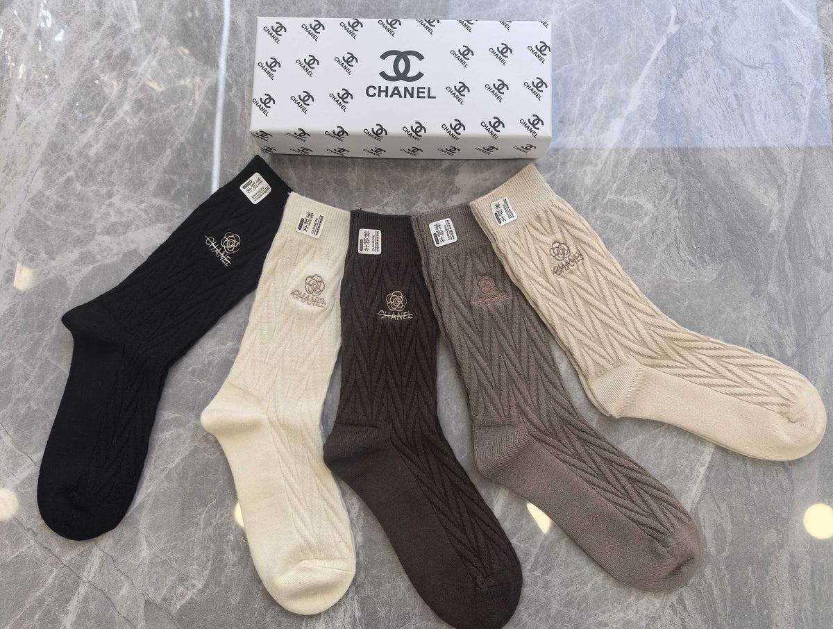 Chanel Earthy Cream Black Small Cuff Monogram Crew Socks, image 2