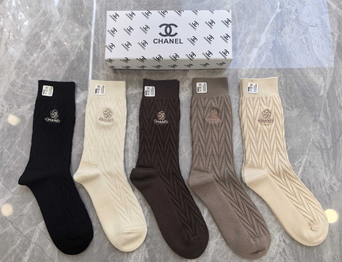 Chanel Earthy Cream Black Small Cuff Monogram Crew Socks, image 3
