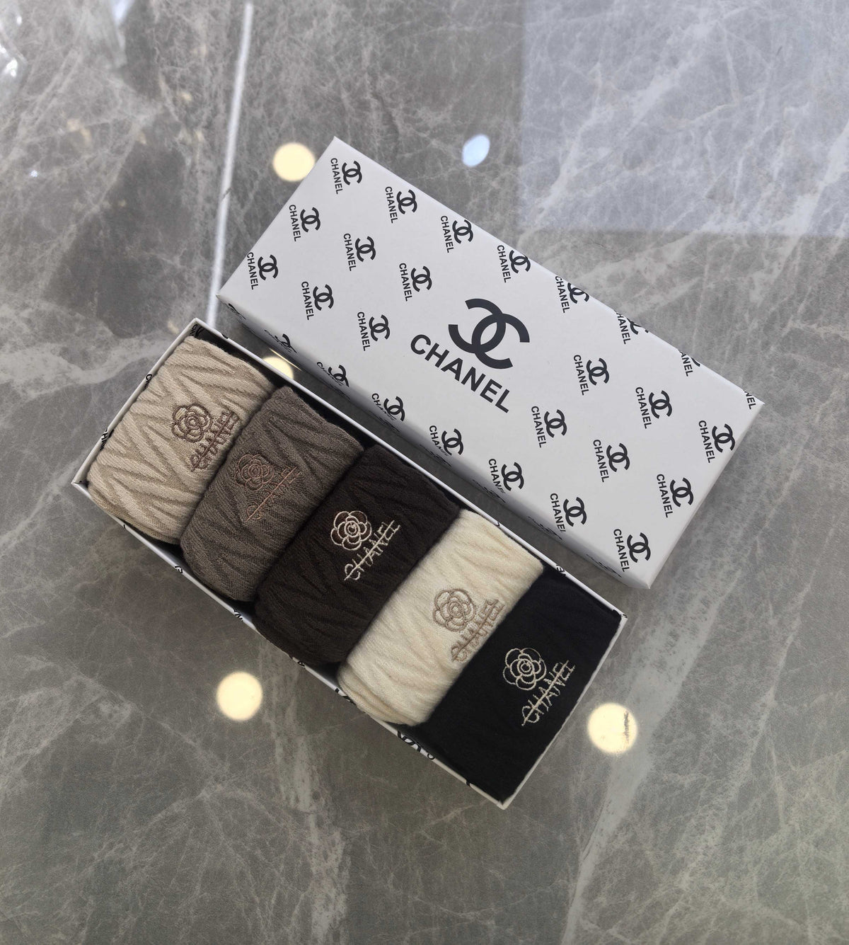 Chanel Earthy Cream Black Small Cuff Monogram Crew Socks, image 6