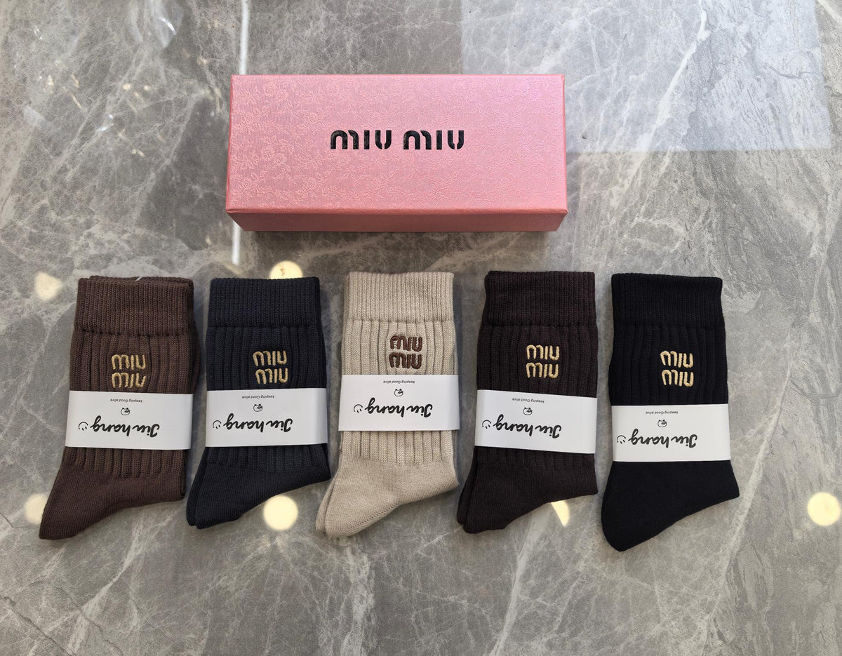 Miu Miu Earthy Neutral Broad White Cuff Bands Crew Socks, image 1