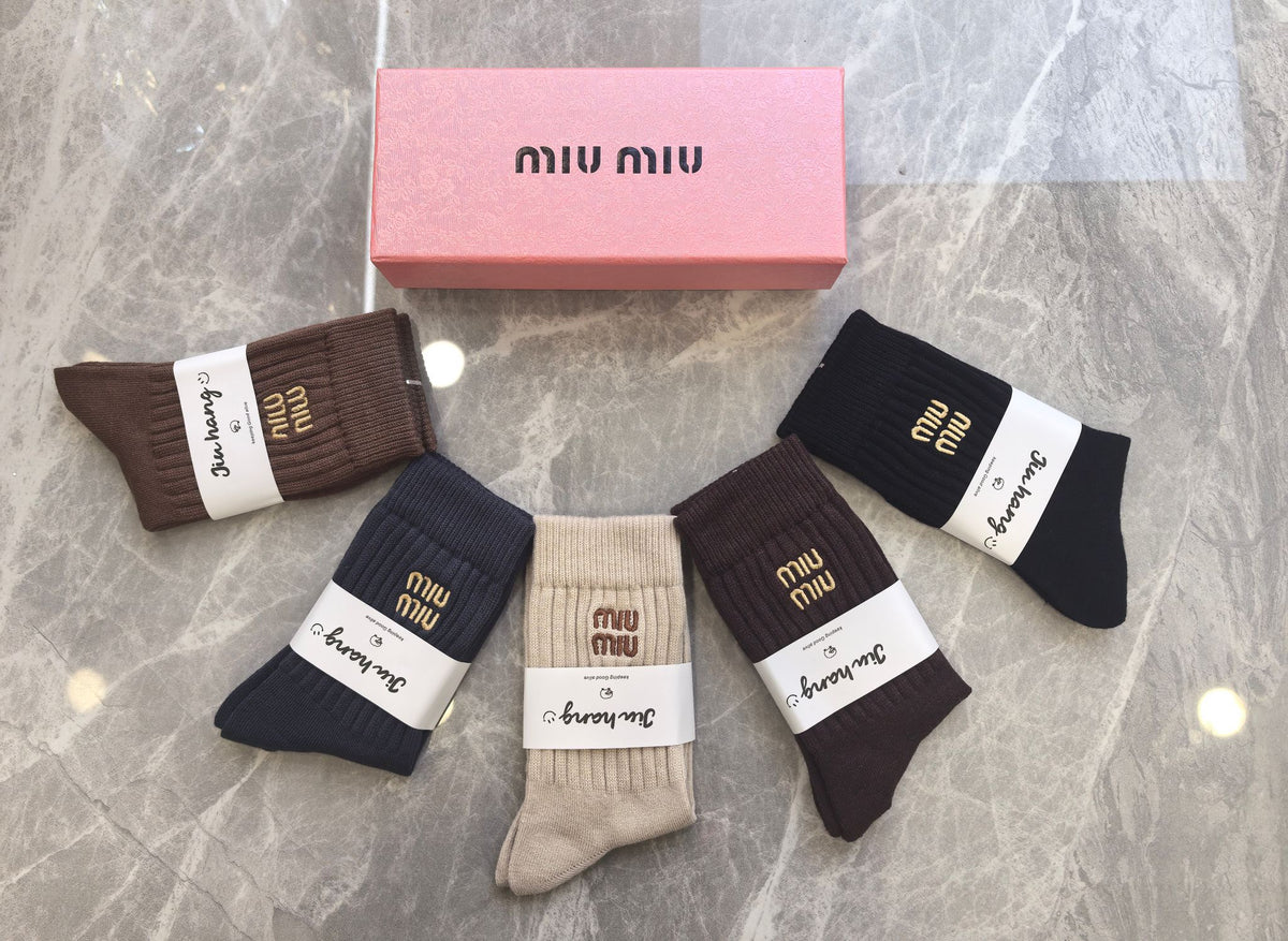 Miu Miu Earthy Neutral Broad White Cuff Bands Crew Socks, image 2