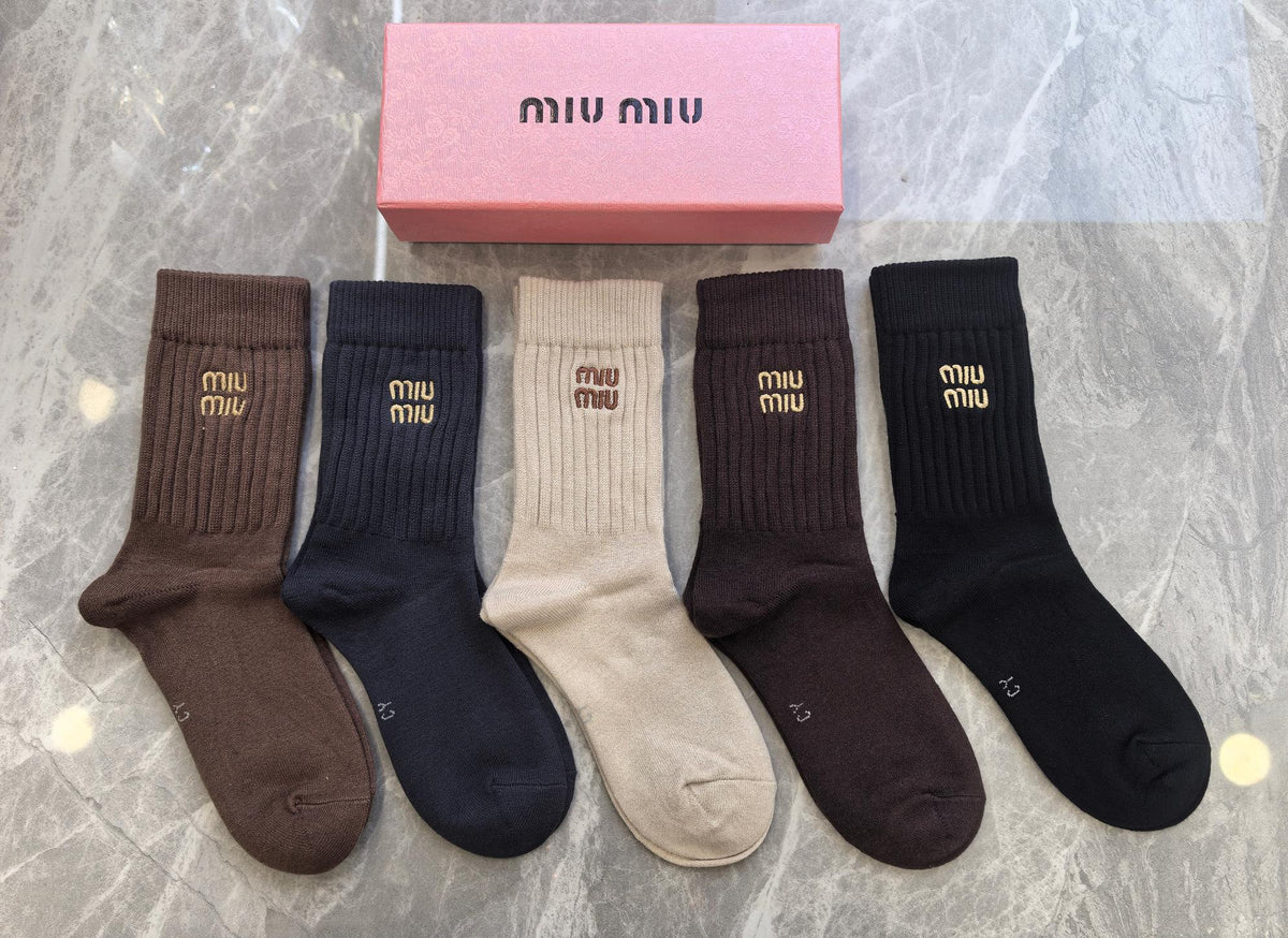 Miu Miu Earthy Neutral Broad White Cuff Bands Crew Socks, image 3